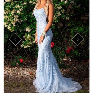 Brand New Long Mermaid Prom Dress with Appliqués. Light Blue. Size 2